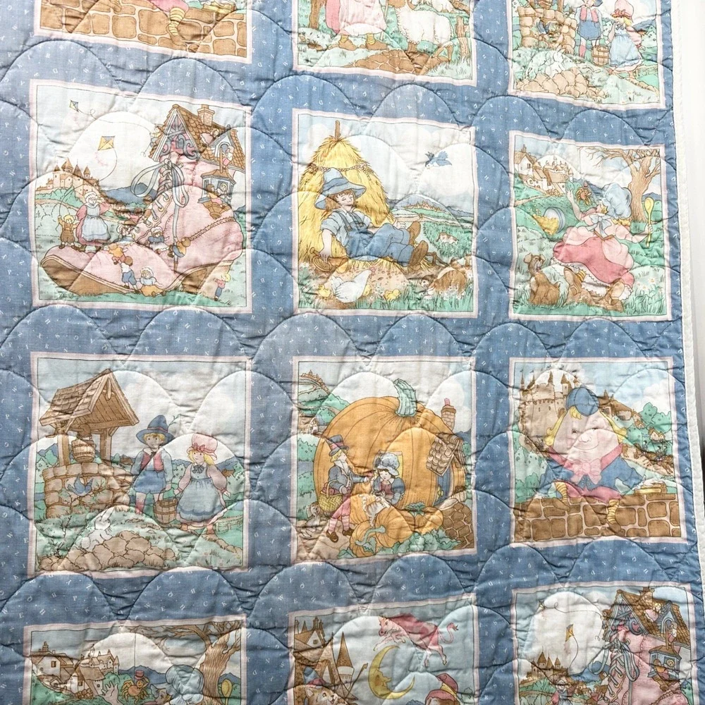 Vintage Nursery Rhymes Quilt Kids Storybook Blanket Mother Goose Pillow Pocket‎